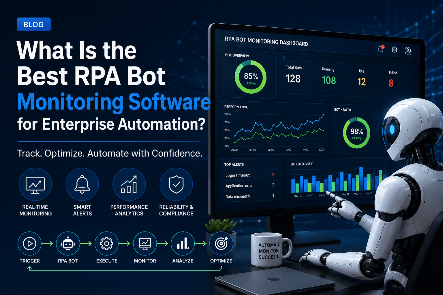 Best RPA bot monitoring software dashboard tracking UiPath, Power Automate, Automation Anywhere, and Blue Prism bots